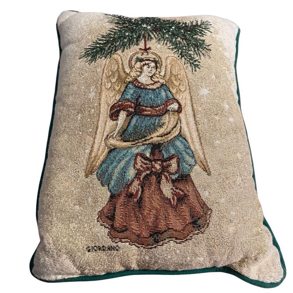 Riverdale Giordano Angel Tapestry Throw Pillow 16 x 12 Metallic Thread Christmas